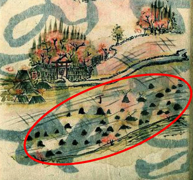 図2　高田の風景の拡大。社が二つと無数の“つむれ”（赤い線で囲む）。九十九盛りと呼んだ。