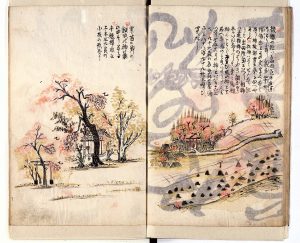 図1　真澄の日記「すみかのやま」（寛政8年）の見開き絵図。左は三内の“千本桜”、右は高田の風景。